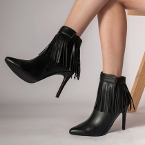 Fashion Tassel Pointed-toe High-heeled Artificial Leather PU Ankle Boots