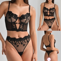 Sexy Floral Embroidery Demi-through Two-piece Lingerie Set
