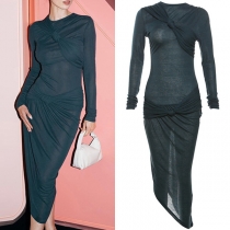 Fashion Knot Round Neck Long Sleeve Irregular Hemline Bodycon Dress