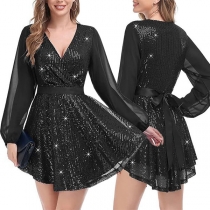 Fashion Sequined Gauze Spliced Long Sleeve Mini Party Dress