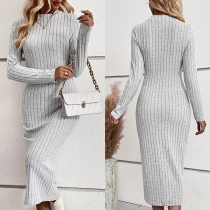 Sexy Solid Color Round Neck Long Sleeve Ribbed Bodycon Dress