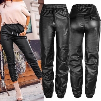 Casual Solid Color Drawstring Waist Artificial Leather PU Pants
