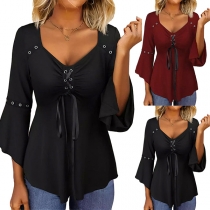 Fashion Lace-up Round Neck 3/4-Sleeve Irregular Hemline Shirt