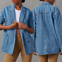 Fashion Old-washed Notch Lapel Long Sleeve Denim Blazer Jacket