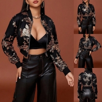 Fashion Floral Sequin Embroidered Long Sleeve Crop Jacket