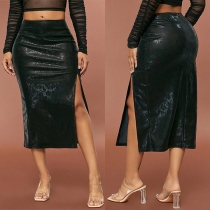 Sexy Slit Artificial Leather PU Skirt