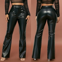Fashion Double-breasted High-rise Straight-cut Artificial Leather PU Pants