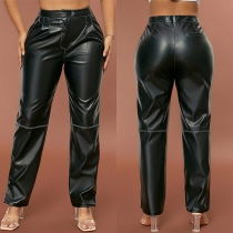 Fashion High-rise Artificial Leather PU Straight-cut Pants