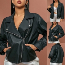 Fashion Solid Color Notch Lapel Slant Zipper Long Sleeve Artificial Leather PU Jacket