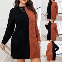 Fashion Contrast Color Round Neck Long Sleeve Knitted Sweater Dress