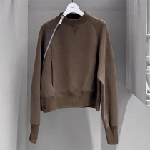 Cozy Warm Brown Sweatshirt with Diagonal Zipper