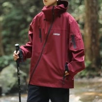 Outdoor Rainproof Hooded Diagonal Zipper Jacket