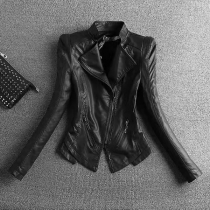 Waist Cinching Slim Fit Stand Collar Leather Jacket