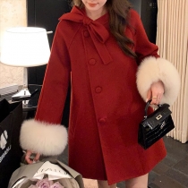 Double Sided Long Woolen Coat with Bow Knot