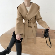 Short Hooded Woolen Coat with Belted Waist and Cape