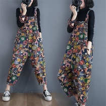 Printed Denim Overalls High Waist Loose Jumpsuit