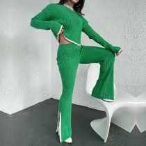 Contrasting Color Knitted Two-Piece Sweater Set Stylish Stitched Top and Trouser