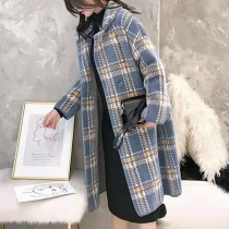 Mid Length Plaid Coat Loose Thickened Woolen Cardigan Coat