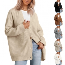 Simple Minimalist Solid Color V-neck Long Sleeve Button Knitted Cardigan