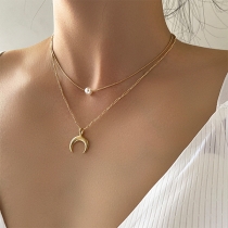 Fashion Bead Moon Pendant Two-layer Necklace
