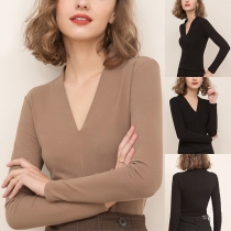 Simple Solid Color V-neck Long Sleeve Basic Shirt for Minimalist
