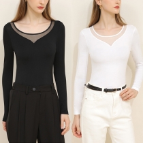 Simple Solid Color Gauze Spliced V-neck Long Sleeve Basic Shirt for Minimalist