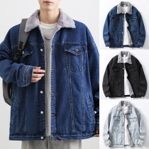 Fashion Warm Plush Lined Stand Collar Long Sleeve Old-washed Denim Jacket for Men