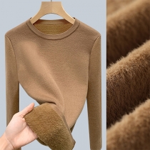 Fashion Solid Color Round Neck Long Sleeve Plush Lined Shirt
