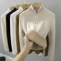 Fashion Solid Color Half-zipper Stand Collar Long Sleeve Plush Lined Ribbed Shirt