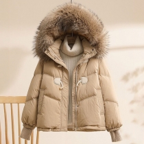 White Duck Down Jacket Loose Fit with Thick Warmth and Raccoon Big Fur Collar