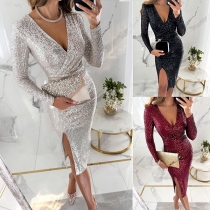 Sexy  V-neck Long Sleeve Slit Sequined Bodycon Party Dress