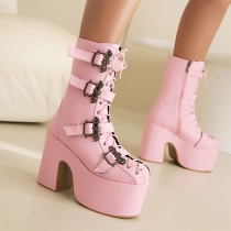 Lace Up Leather Buckle Martin Boots