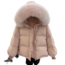 Down Jacket Featuring a Stylish Large Fur Collar and Sleeves
