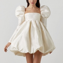 Satin Princess Dress with French Puff Sleeves and Square Neckline