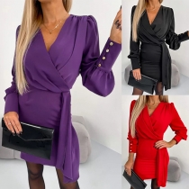 Fashion Solid Color V-neck Long Sleeve Ruffled Bodycon Dress