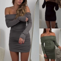 Sexy Solid Color Off-the-shoulder Long Sleeve Bodycon Dress