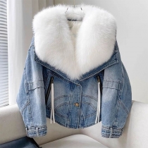Detachable Faux Fur Trim Denim Jacket