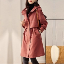 Mid Length Trench Coat with Waist Drawstring