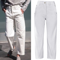 Street Fashion Chic Pockets Mid-rise White Denim Jeans
