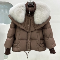 White Duck Down Jacket with Large Faux Fox Fur Trimmed Collar