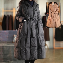 Loose-Fit Mid Length Down Jacket with Hood and Lace Up Waist