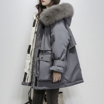 Mid Length Loose Fit Down Jacket Thickened with Large Fur Collar