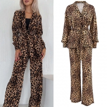 Comfy Leopard Printed Two-piece Loungewear Set Consist of Self-tie Shirt and Straight Cut Pants