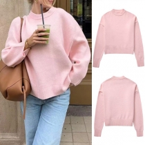 Sweet Style Solid Color Round Neck Long Sleeve Pink Sweater