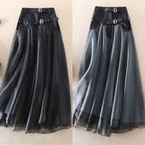 Fashion Buckle High-rise Gauze Spliced Skirt
