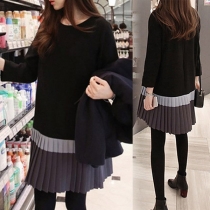 Fashion Round Neck Long Sleeve Contrast Color Pleated Dress