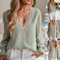 Fashion Lace Spliced V-neck Wave Pattern Semi-through Loose Shirt