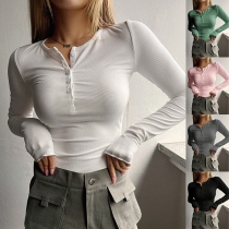 Simple Solid Color Buttoned V-neck Long Sleeve Ribbed Shirt
