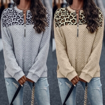 Street Fashion Leopard Print Spliced Diamond Pattern Half Zipper Long Sleeve Shirt