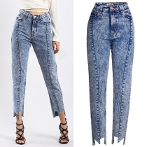 Vintage Old-washed Irregular Cuff Mid-rise Straight-cut Denim Jeans